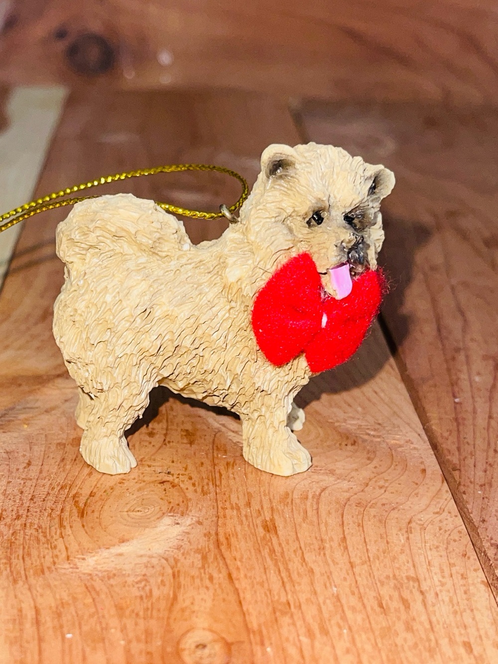 Beige Chow Chow Dog Ornament with Red Bow Christmas Dog